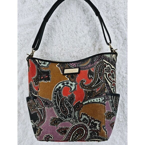 SPARTINA 449 Daufuskie Island Paisley Print Linen Black Leather Shoulder Bag - Picture 2 of 16